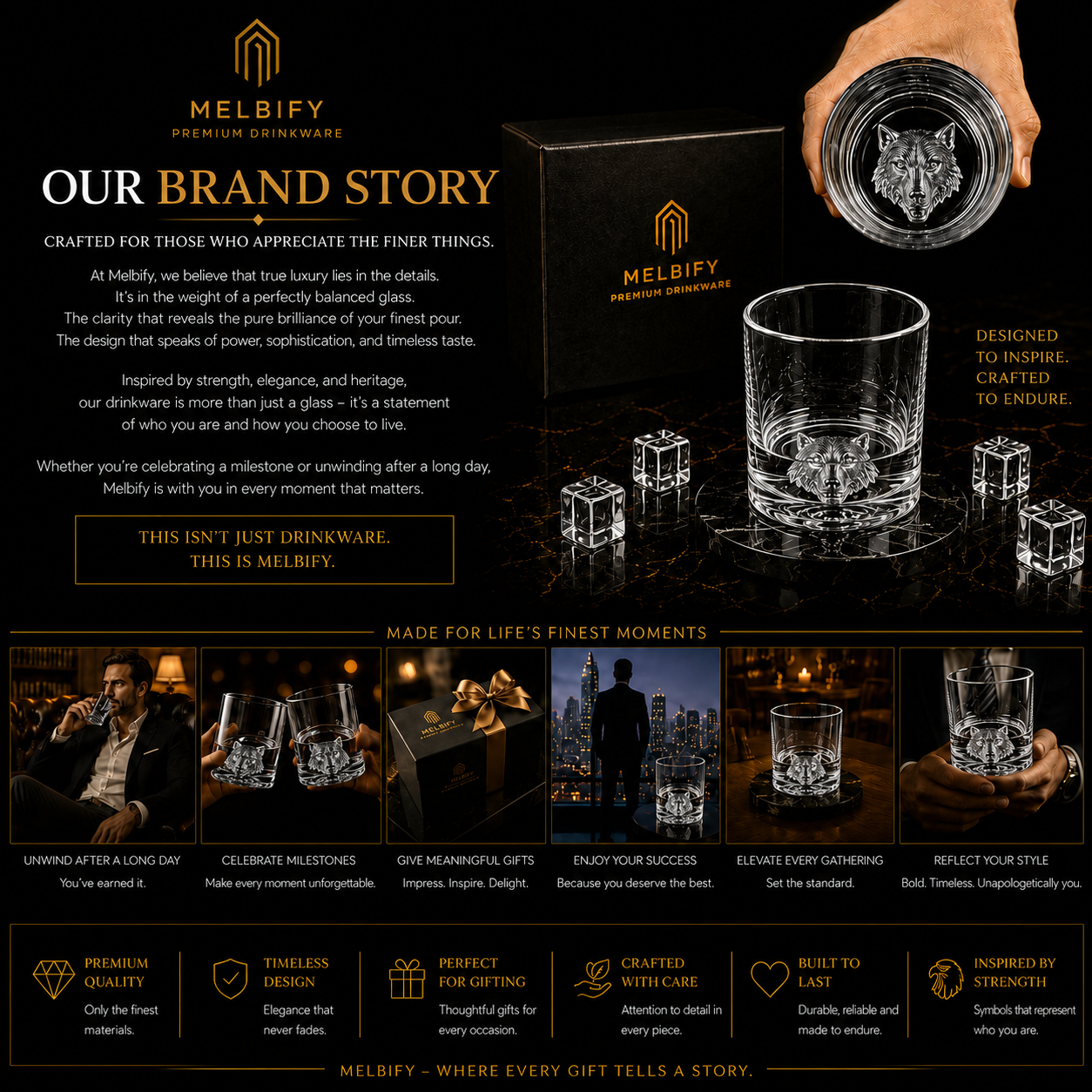 Melbify Plain Wolf Whiskey Glass | Animal Whiskey Glass | Premium | Unique | Big | Broad | Old Fashioned Whiskey Glass| Round Whiskey Glass with Thick Bottom | 300ml
