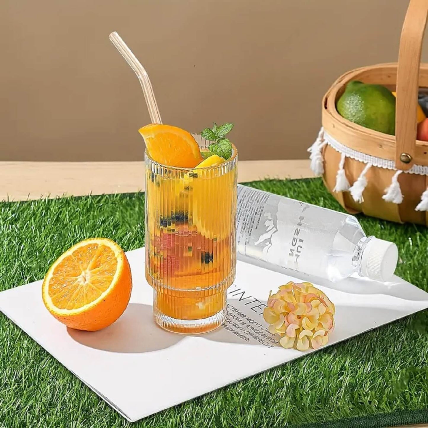 Melbify Ribbed Cocktail Glasses | 350 ml | Highball Cocktail Glass | Tall Glasses for Cocktail | Long Island Cocktail Glass | Unique LIIT Cocktail Glass