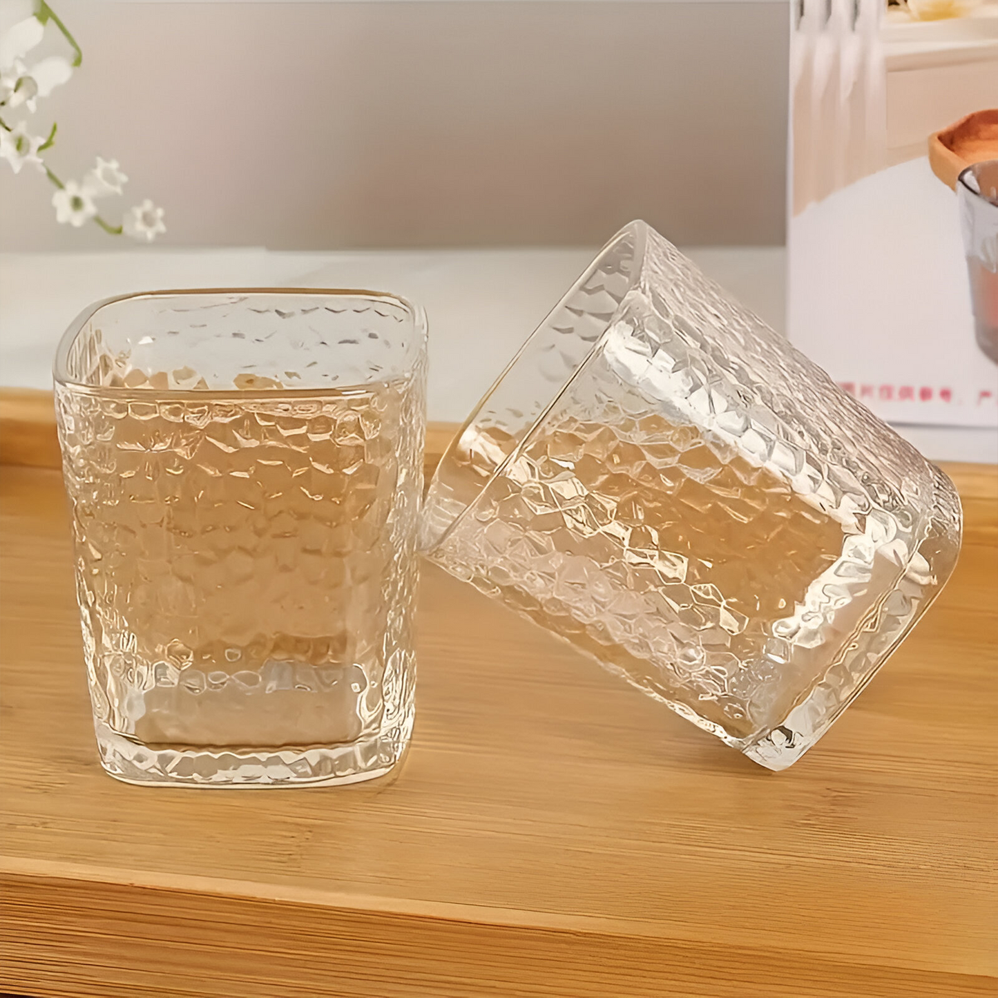 Melbify Japanese Square Hammered Dotted Whiskey Glasses | Volume=370ML | Premium | | Rocks Glasses | Perfect for Whiskey, Scotch, Rum, and Cognac