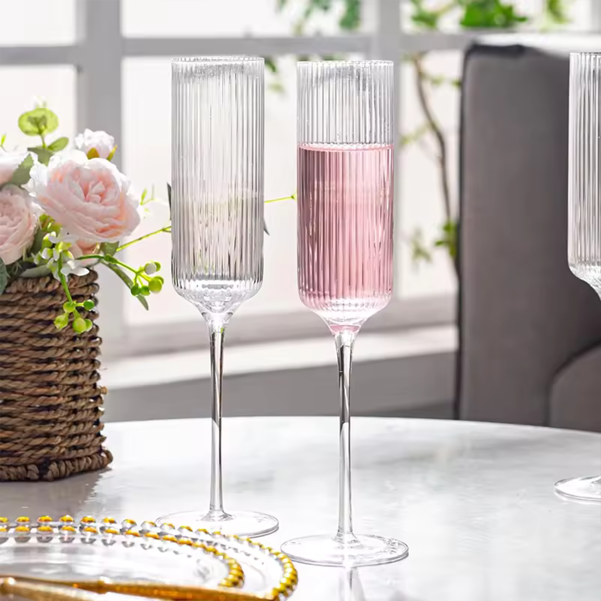 Melbify Ribbed Wine Glasses | 200 ml | Luxury Wine Glass Set | Designer Wine Glasses| Unique Designer Wine Glasses| Designer Wine Glasses | Crystal Wine Glass