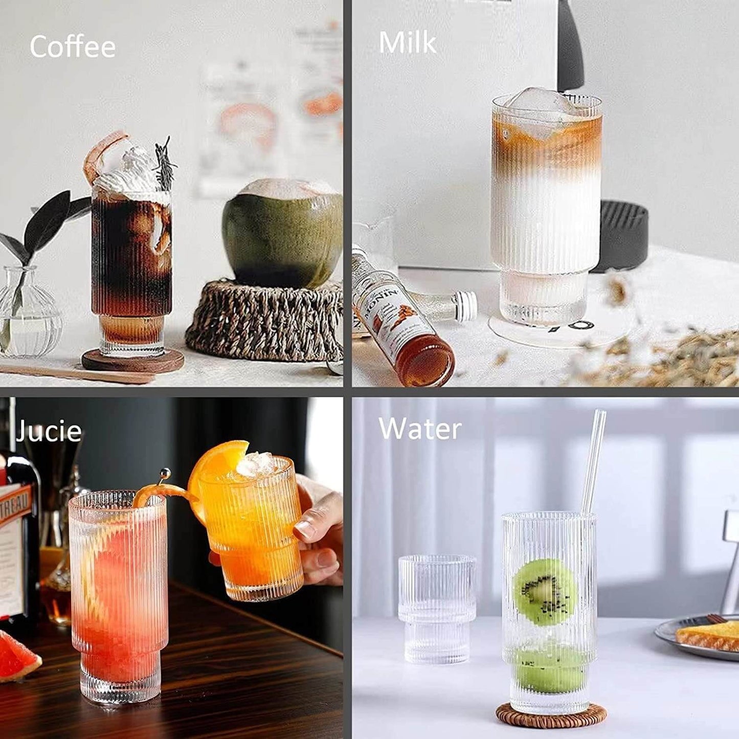 Melbify Ribbed Cocktail Glasses | 350 ml | Highball Cocktail Glass | Tall Glasses for Cocktail | Long Island Cocktail Glass | Unique LIIT Cocktail Glass