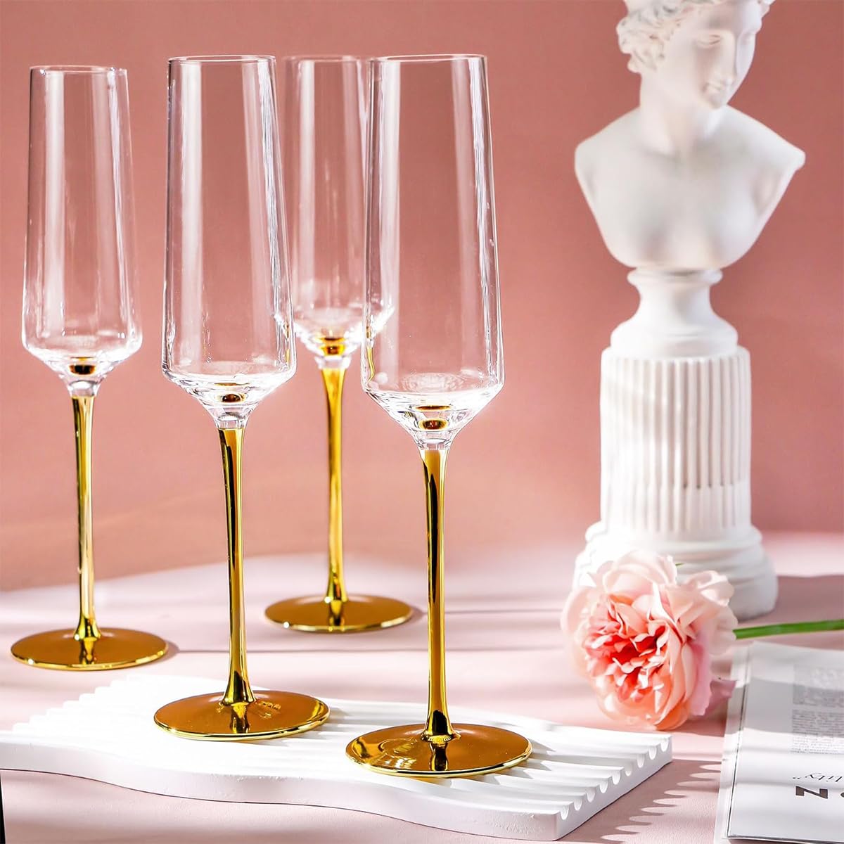 Melbify Gold Stem Champagne Glass | 300 ml | Imported Wine Glasses | Luxury Wine Glass Set | Fancy Designer Wine Glasses | Unique