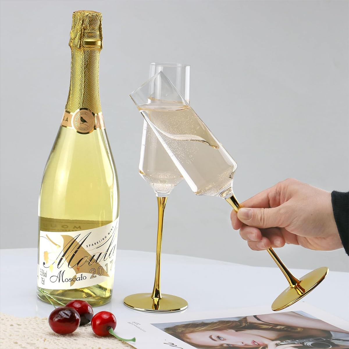 Melbify Gold Stem Champagne Glass | 300 ml | Imported Wine Glasses | Luxury Wine Glass Set | Fancy Designer Wine Glasses | Unique