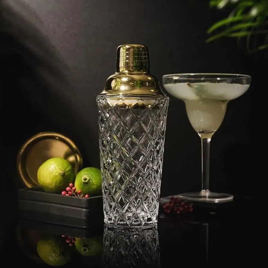 Melbify Cocktail Shaker Glass with Stainless Steel Lid | 400 ML | Bar Shaker Bottle | Filter Function Layer | Mixing for Cocktails, Mocktails, Martini,Juices | Luxury Home Bar Shaker (Copy)