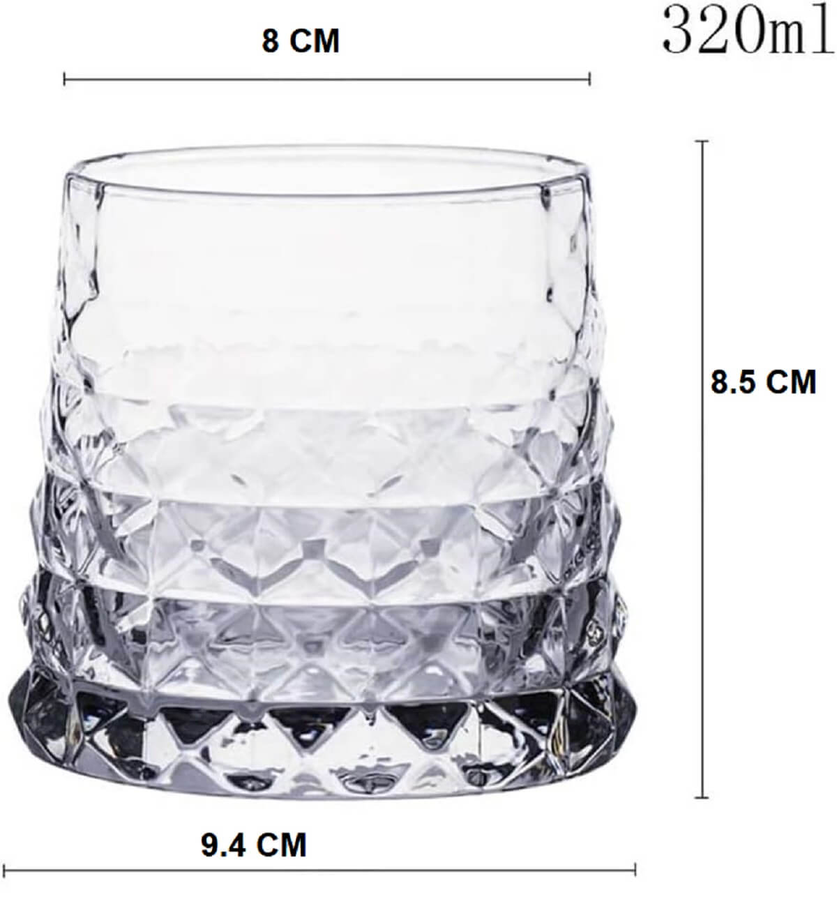Melbify Premium Embosed Diamond Cut Whiskey Glasses | 320 ML | Wide Bottom with Narrow Rim | Textured Whiskey Glasses | Whiskey Glasses with Cut Work