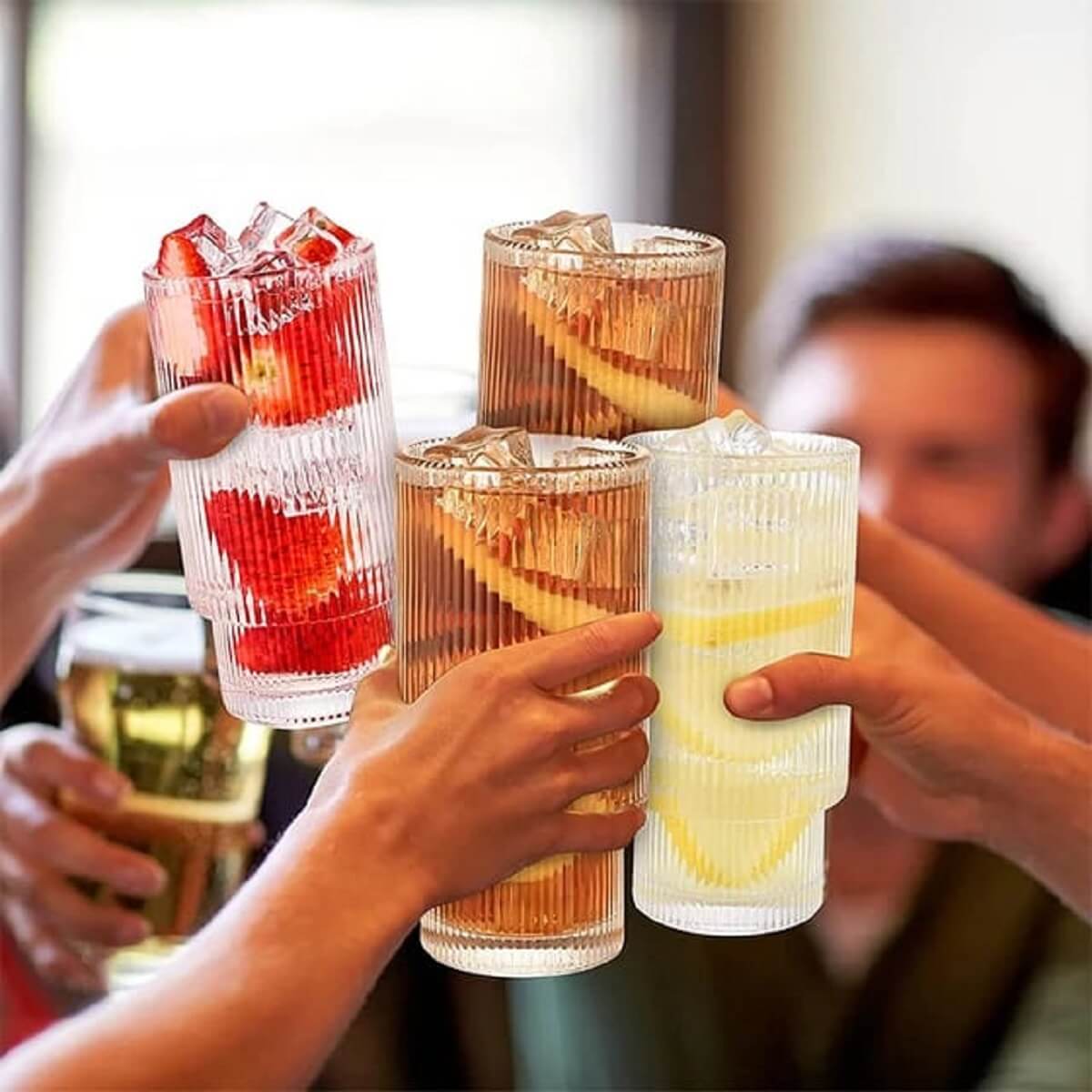 Melbify Ribbed Cocktail Glasses | 350 ml | Highball Cocktail Glass | Tall Glasses for Cocktail | Long Island Cocktail Glass | Unique LIIT Cocktail Glass
