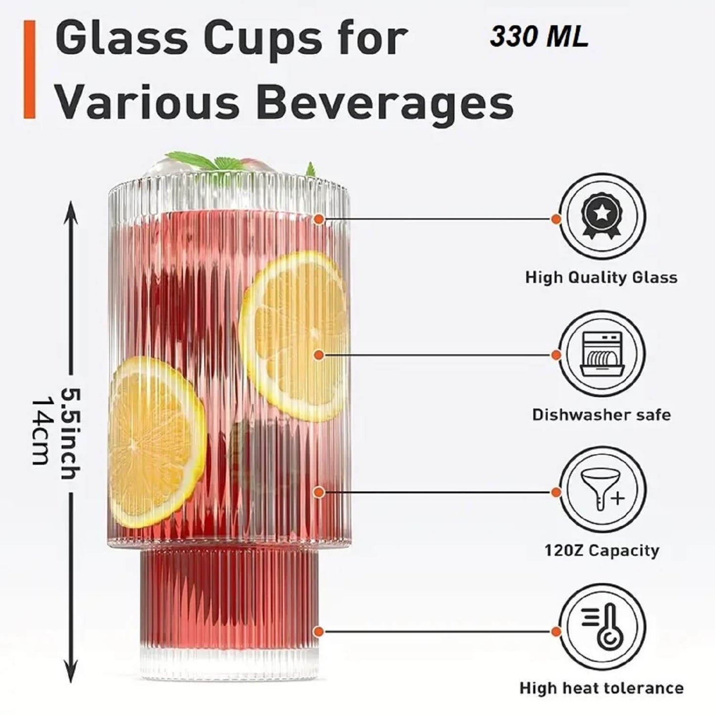 Melbify Ribbed Cocktail Glasses | 350 ml | Highball Cocktail Glass | Tall Glasses for Cocktail | Long Island Cocktail Glass | Unique LIIT Cocktail Glass