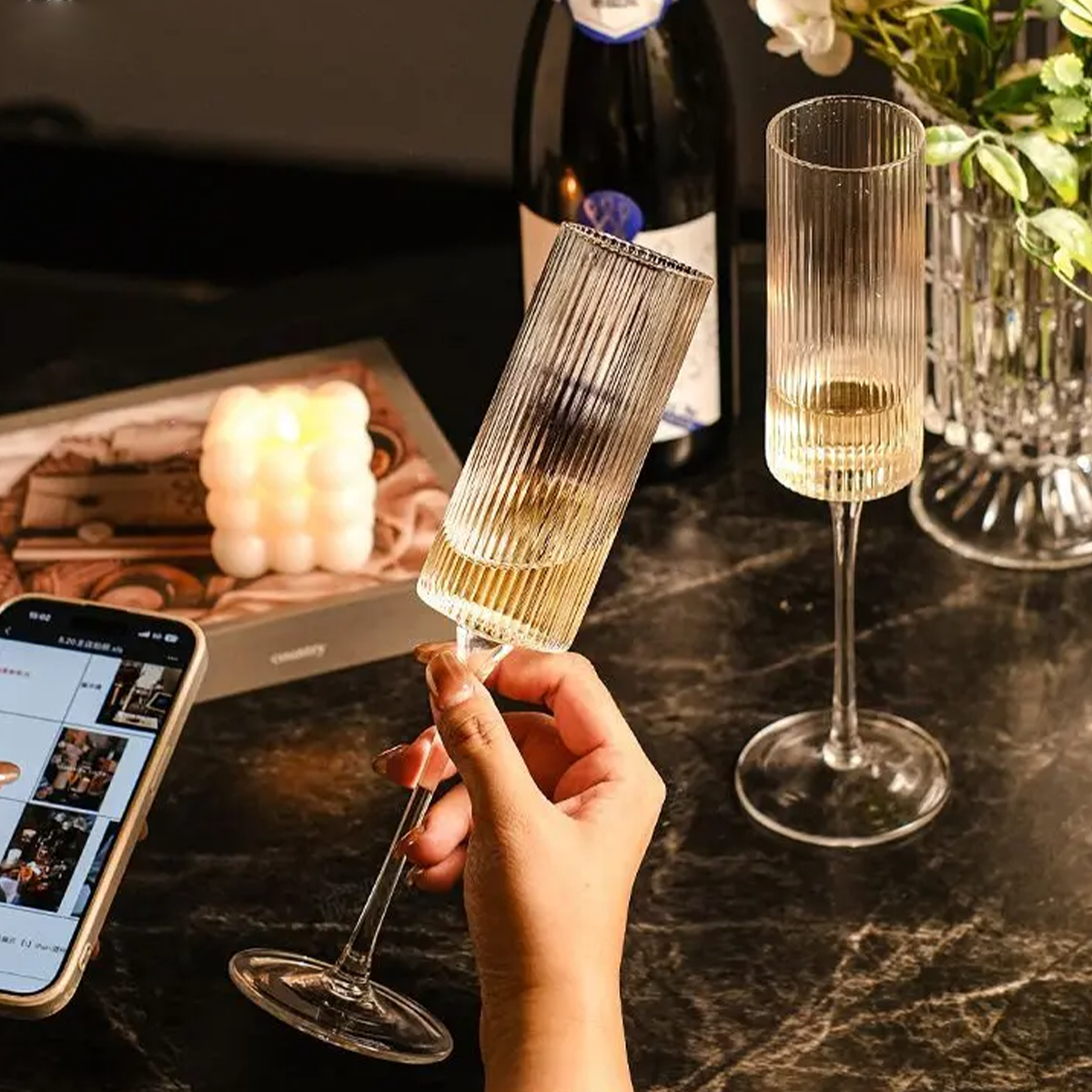 Melbify Ribbed Wine Glasses | 200 ml | Luxury Wine Glass Set | Designer Wine Glasses| Unique Designer Wine Glasses| Designer Wine Glasses | Crystal Wine Glass