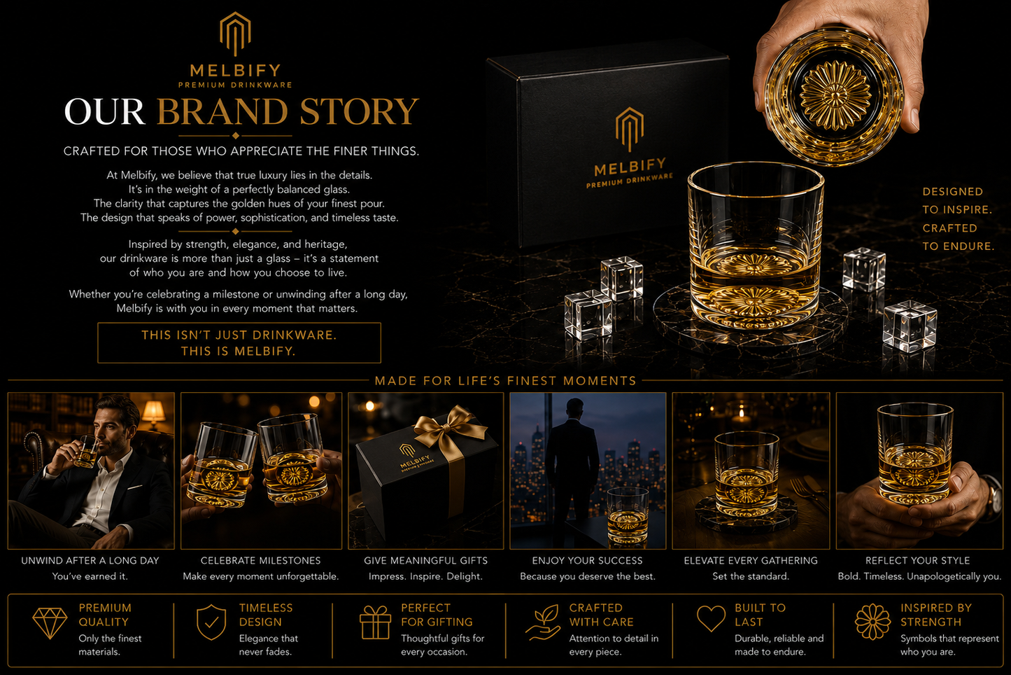 Melbify Italian Petal Whiskey Glasses | Artistic | Elegant | Premium | Royal | Luxurious Designer Whiskey Glasses | High end Expensive Whiskey Glasses with Gold Plated Bottom | 300 ml