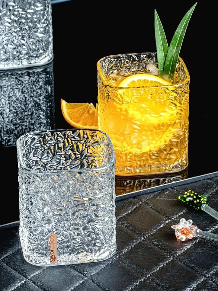 Melbify Japanese Fern Textured Whiskey Glasses | Volume=370ML | Premium | Square Whiskey Glass | Rocks Glasses | Perfect for Whiskey, Scotch, Rum, and Cognac
