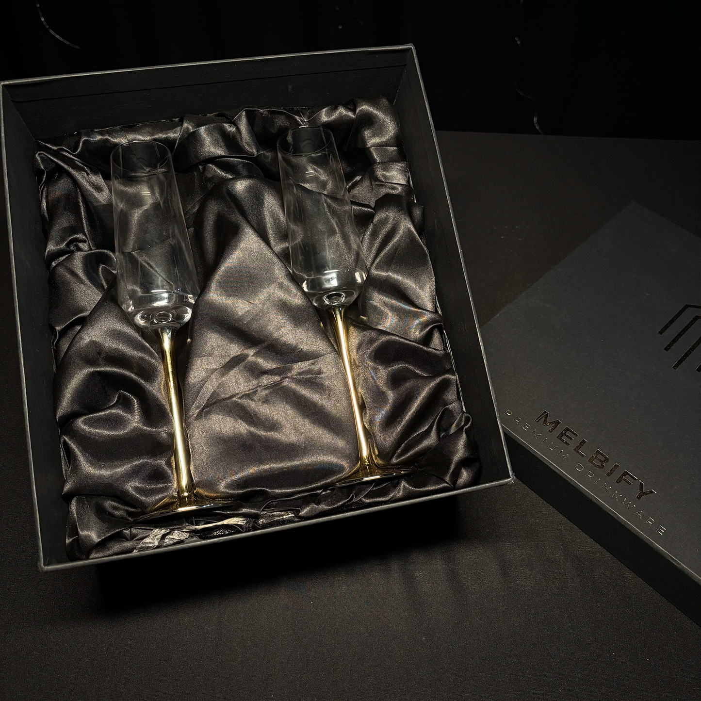 Melbify Gold Stem Champagne Flutes Glasses Gift Set | 300 ML | Set of 2 | Elegant Gift Box | Ultra-Premium Wine Glass |Luxury|Fancy|Crystal Glass | Limited Edition|Perfect for Red White Wine & Champagne|Ideal For Wedding Couple Anniversary Gift