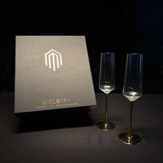 Melbify Gold Stem Champagne Flutes Glasses Gift Set | 300 ML | Set of 2 | Elegant Gift Box |  Ultra-Premium Wine Glass |Luxury|Fancy|Crystal Glass | Limited Edition|Perfect for Red White Wine & Champagne|Ideal For Wedding Couple Anniversary Gift