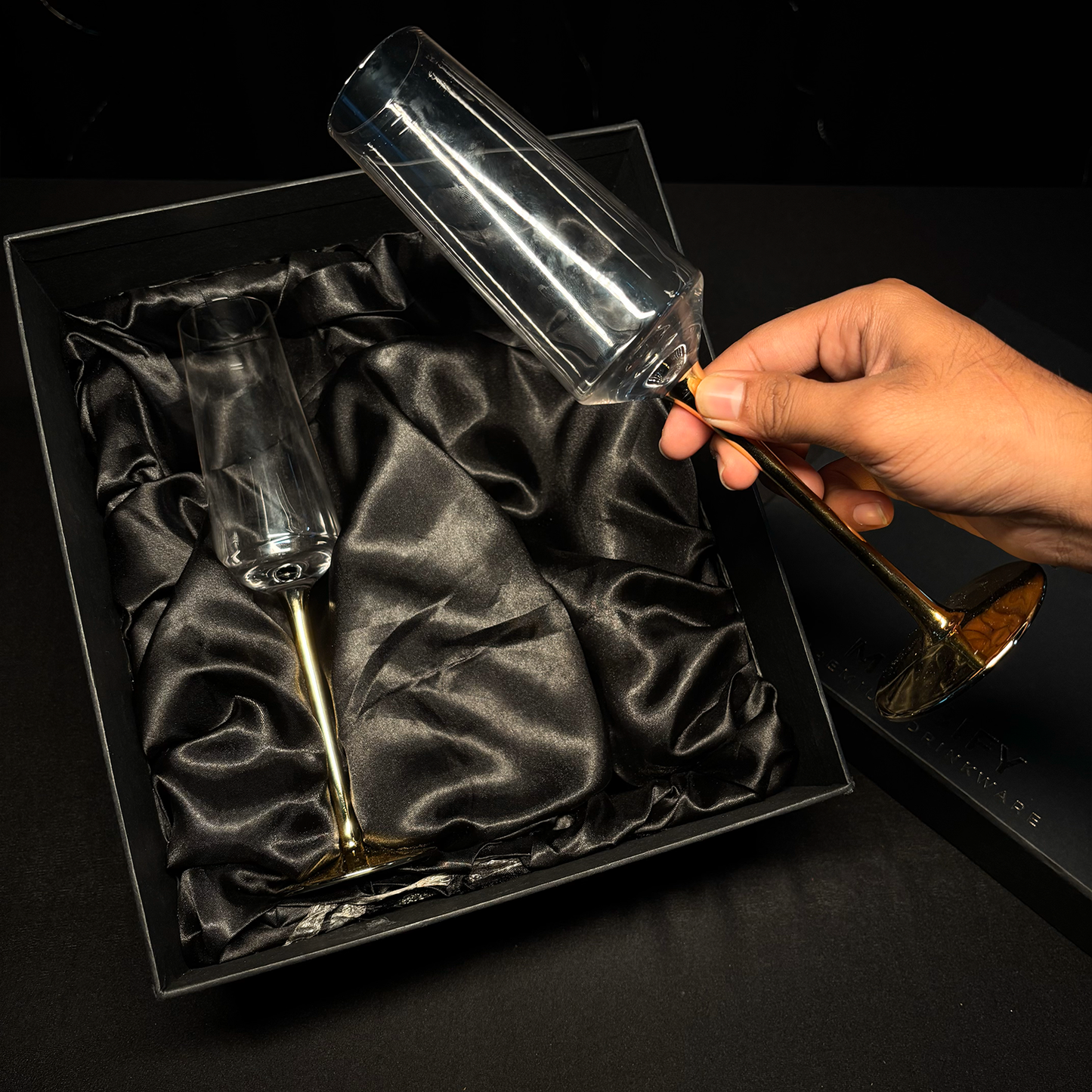 Melbify Gold Stem Champagne Flutes Glasses Gift Set | 300 ML | Set of 2 | Elegant Gift Box | Ultra-Premium Wine Glass |Luxury|Fancy|Crystal Glass | Limited Edition|Perfect for Red White Wine & Champagne|Ideal For Wedding Couple Anniversary Gift