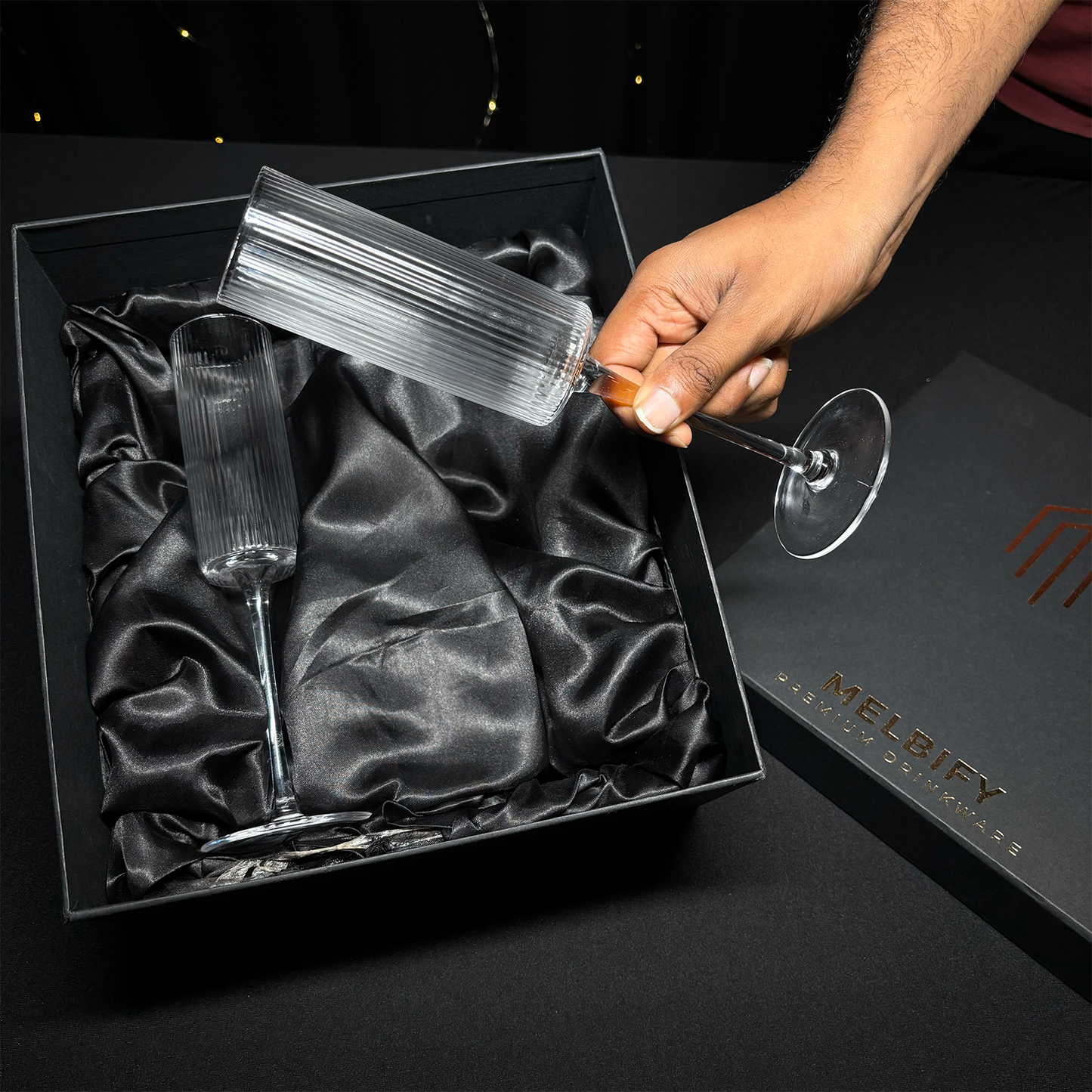 Melbify Ribbed Champagne Flutes Glasses Gift Set | 200 ML | Set of 2 |Elegant Gift Box|Ultra-Premium Wine Glass|Luxury|Fancy|Crystal Glass|Limited Edition|Perfect for Red White Wine Champagne | Ideal For Wedding Couple Anniversary Gift