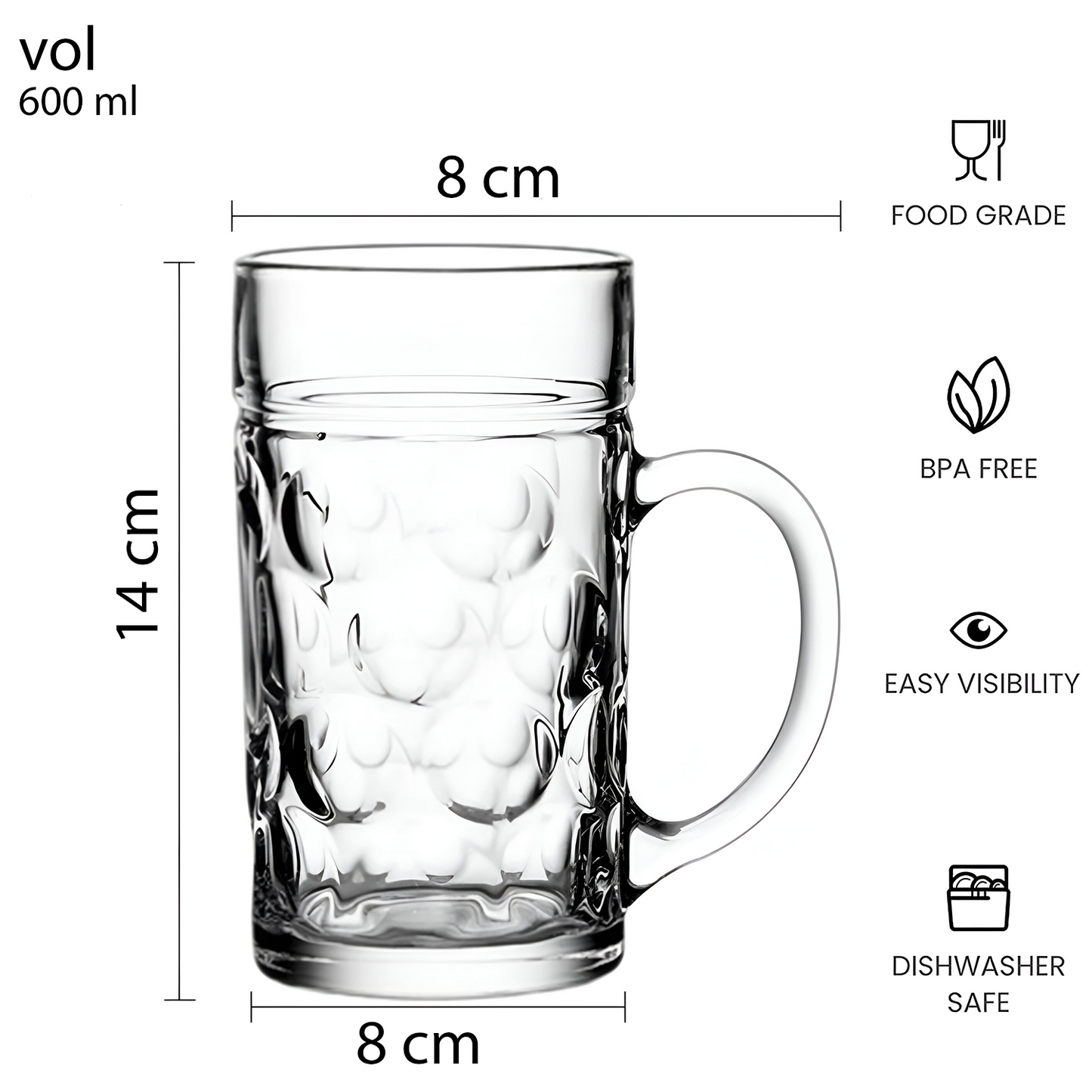 Melbify Glazed Beer Mug | Volume=600ml | Large Beer Mug with Handle | Classic Beer Mug | Heavy | Perfect for Beer, Cider,Drinks | Pub & Bar Glass