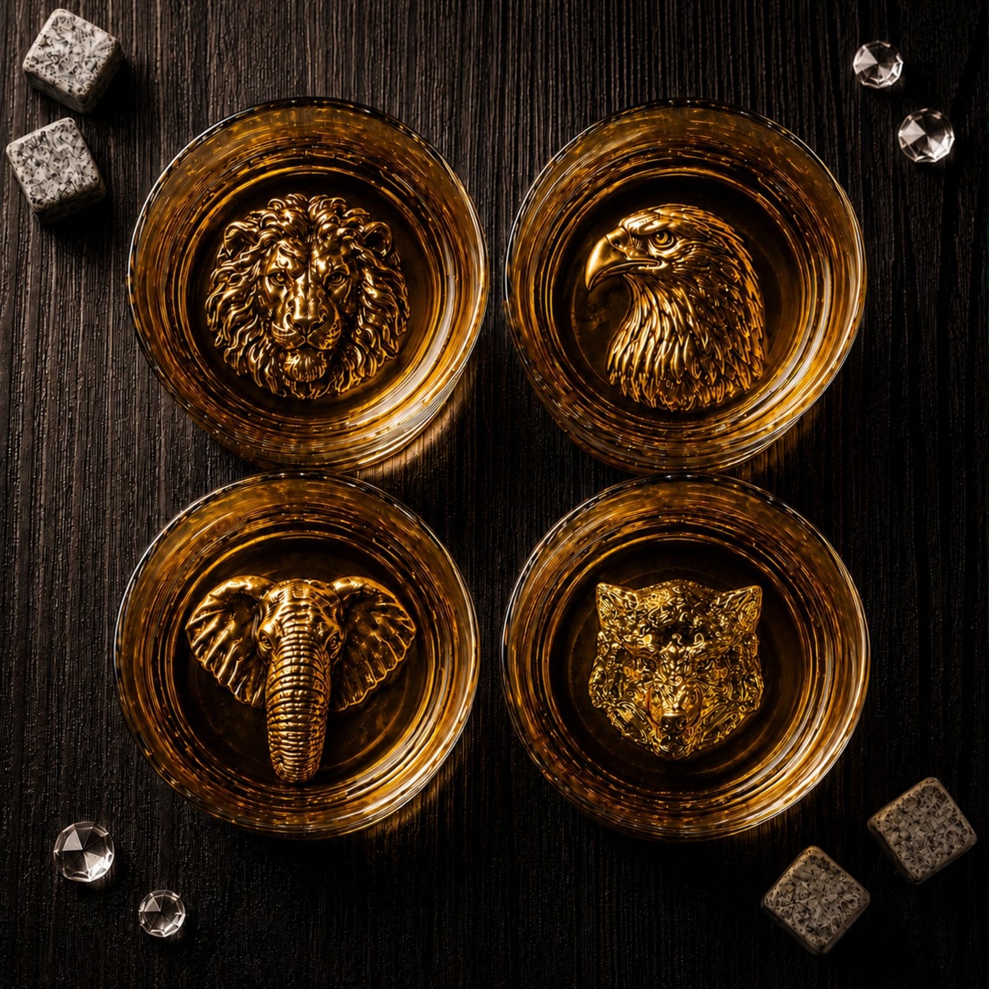 Melbify Gold Animal Combo Whiskey Glasses | Set of 4 | 300 ml | High Balled & Animal Embedded | Ideal for Serving Whiskey, Cognac, Vodka, Gin | Suitable for Home, Restaurants & Bars