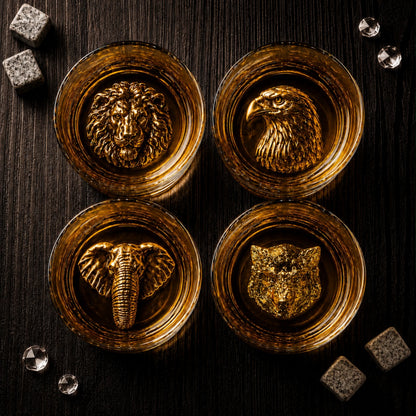 Melbify Gold Animal Combo Whiskey Glasses | Set of 4 | 300 ml | High Balled & Animal Embedded | Ideal for Serving Whiskey, Cognac, Vodka, Gin | Suitable for Home, Restaurants & Bars