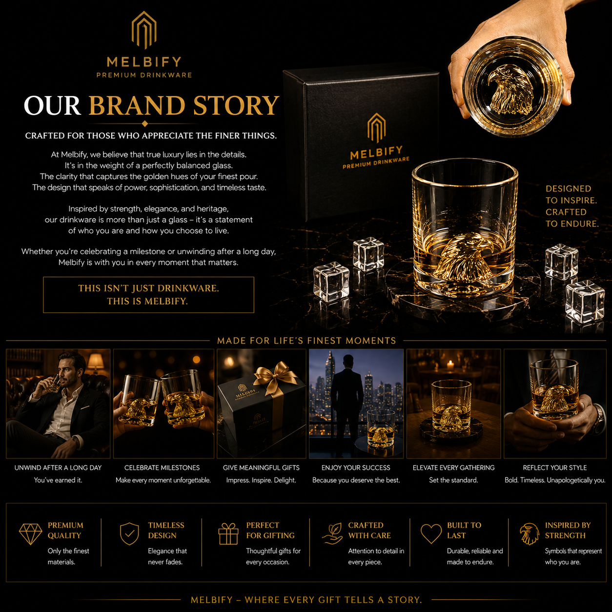 Melbify Eagle Whiskey Glass | 300 ml | Whiskey Glass Set | Golden Whiskey Glasses|Big| Unique| Broad |Thick| Premium | Thick Bottom | Premium | Speciality Whiskey Glass | Gold Plated