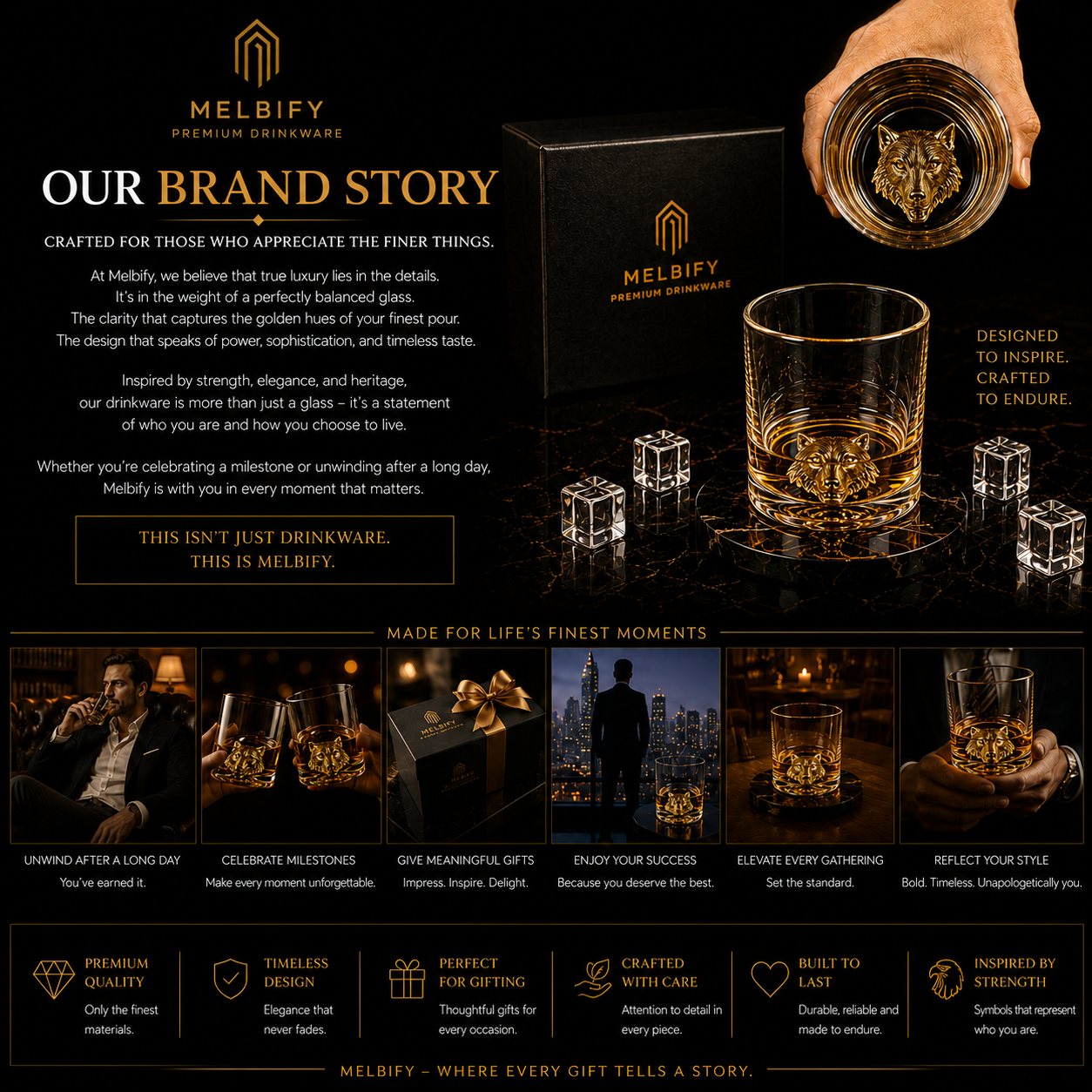 Melbify Wolf Whiskey Glass | 300 ml | Animal Whiskey Glass | Golden Whiskey Glass | Premium | Unique| Big| Broad | Round Whiskey Glass with Thick Bottom