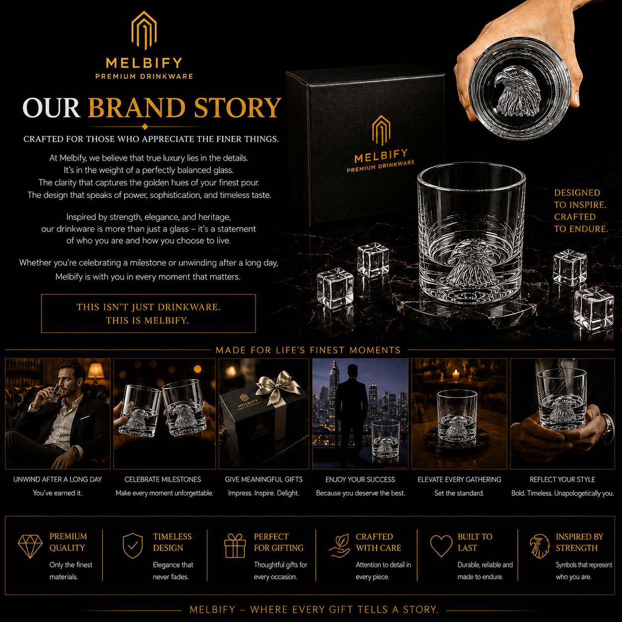Melbify Plain Eagle Whiskey Glass |300 ml | Animal Whiskey Glass | Old Fashioned Whiskey Glass| Premium | Unique| Big| Broad | Round Whiskey Glass with Thick Bottom