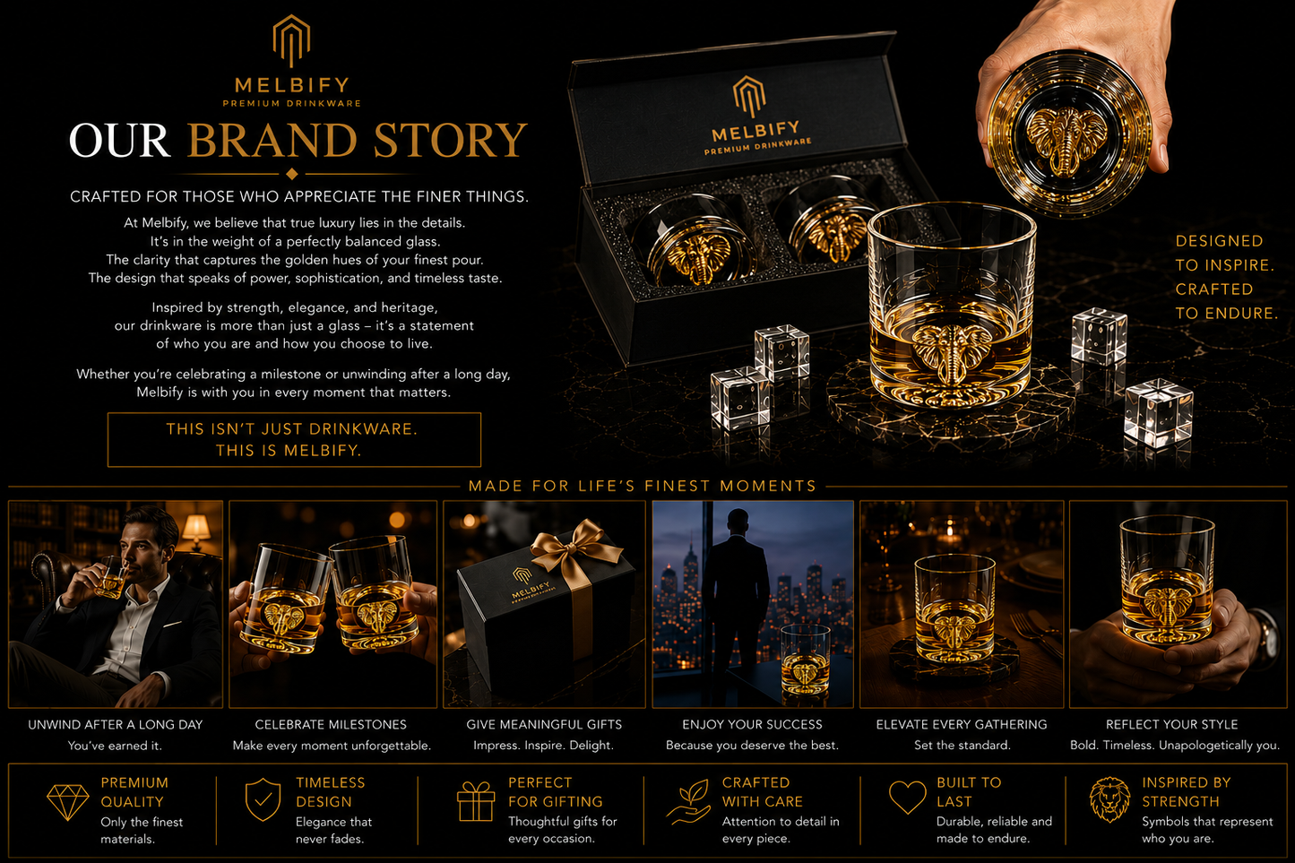 Melbify Elephant Whiskey Glass | 300 ml | Golden Whiskey Glasses|Big| Unique| Broad |Thick| Premium |Thick Bottom | Premium | Speciality Whiskey Glass | Gold Plated