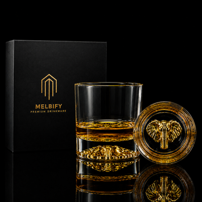 Melbify Elephant Whiskey Glass | 300 ml | Golden Whiskey Glasses|Big| Unique| Broad |Thick| Premium |Thick Bottom | Premium | Speciality Whiskey Glass | Gold Plated