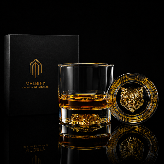 Melbify Wolf Whiskey Glass | 300 ml | Animal Whiskey Glass | Golden Whiskey Glass | Premium | Unique| Big| Broad | Round Whiskey Glass with Thick Bottom