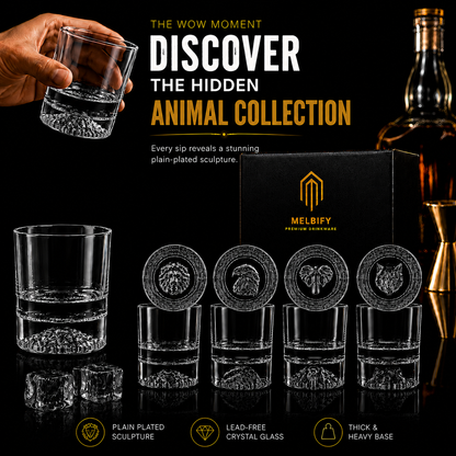 Melbify Plain Animal Combo Whiskey Glasses | Set of 4 | 300 ML|Old Fashioned Glass|Thick Bottom Rocks Glasses| 2 Times Heavier| Perfect for Serving Whiskey,Rum,Scotch,Vodka,Gin & Tequila
