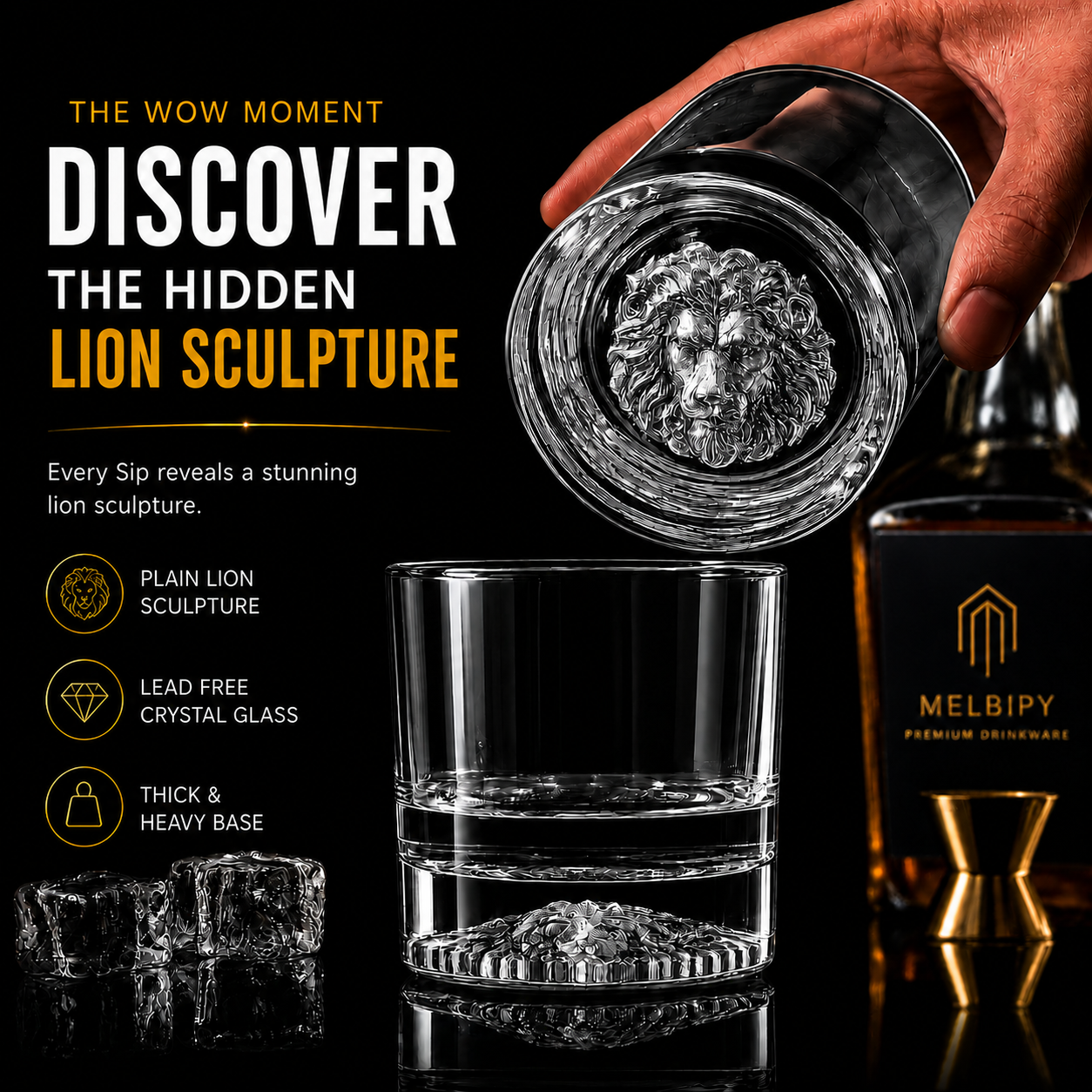Melbify Plain Lion Whiskey Glass | 300 ml | Animal Whiskey Glass| Whiskey Glass with Lion Symbol | Premium | Unique| Big | Thick | Rock Whiskey Glass
