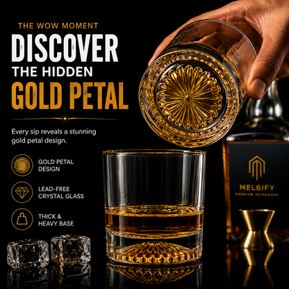 Melbify Italian Petal Whiskey Glasses | Artistic | Elegant | Premium | Royal | Luxurious Designer Whiskey Glasses | High end Expensive Whiskey Glasses with Gold Plated Bottom | 300 ml