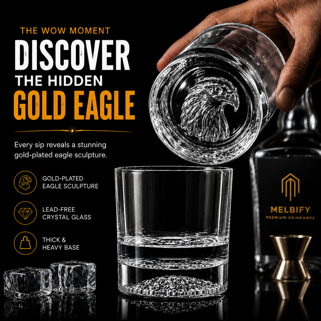 Melbify Plain Eagle Whiskey Glass |300 ml | Animal Whiskey Glass | Old Fashioned Whiskey Glass| Premium | Unique| Big| Broad | Round Whiskey Glass with Thick Bottom