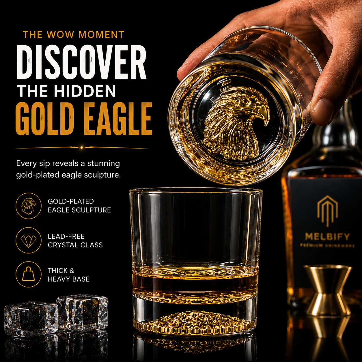 Melbify Eagle Whiskey Glass | 300 ml | Whiskey Glass Set | Golden Whiskey Glasses|Big| Unique| Broad |Thick| Premium | Thick Bottom | Premium | Speciality Whiskey Glass | Gold Plated
