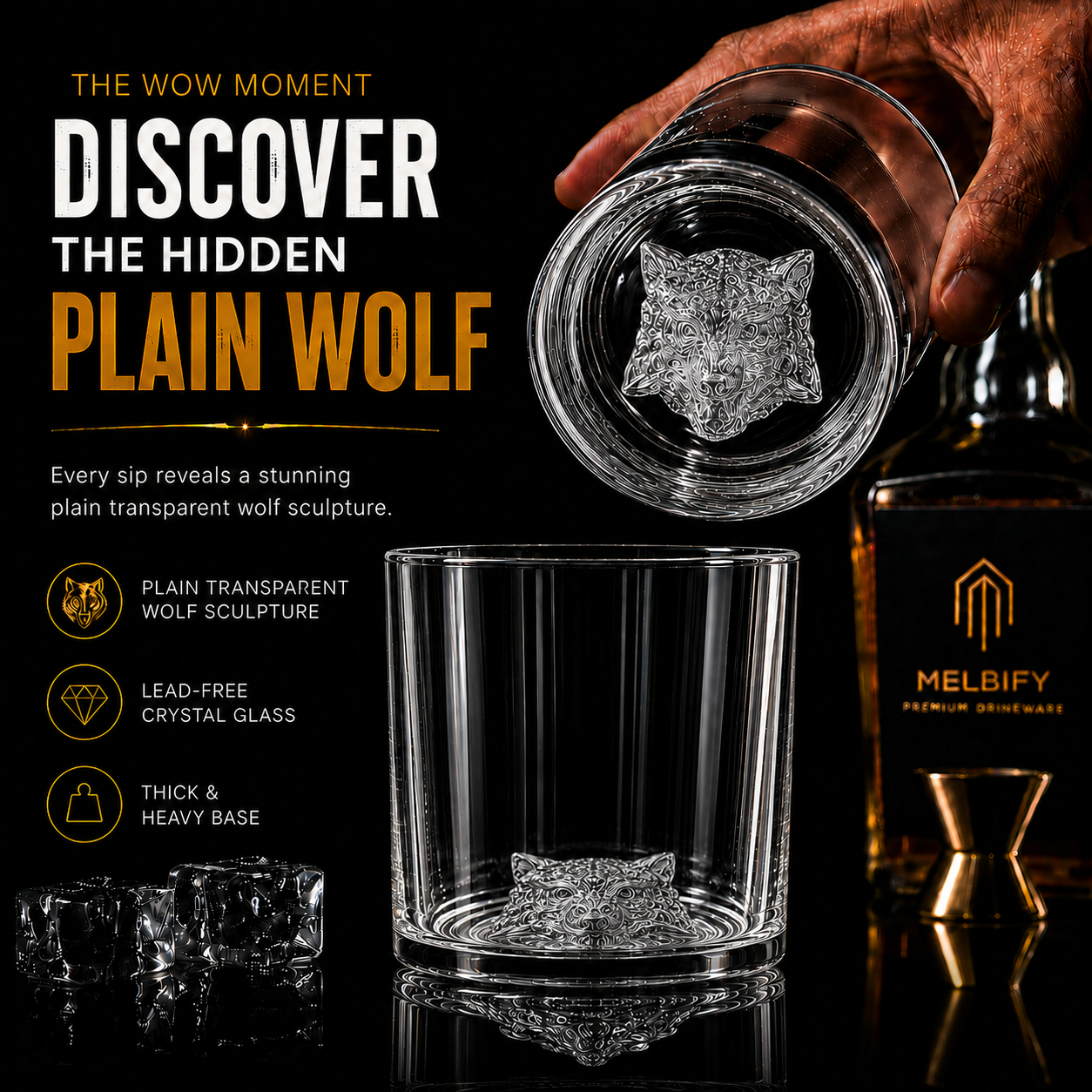 Melbify Plain Wolf Whiskey Glass | Animal Whiskey Glass | Premium | Unique | Big | Broad | Old Fashioned Whiskey Glass| Round Whiskey Glass with Thick Bottom | 300ml