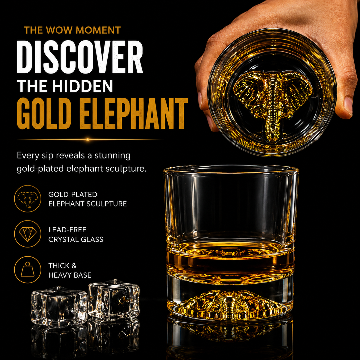 Melbify Elephant Whiskey Glass | 300 ml | Golden Whiskey Glasses|Big| Unique| Broad |Thick| Premium |Thick Bottom | Premium | Speciality Whiskey Glass | Gold Plated
