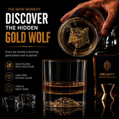 Melbify Wolf Whiskey Glass | 300 ml | Animal Whiskey Glass | Golden Whiskey Glass | Premium | Unique| Big| Broad | Round Whiskey Glass with Thick Bottom