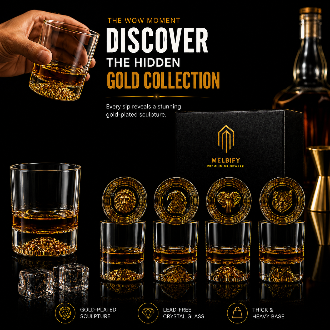 Melbify Gold Animal Combo Whiskey Glasses | Set of 4 | 300 ml | High Balled & Animal Embedded | Ideal for Serving Whiskey, Cognac, Vodka, Gin | Suitable for Home, Restaurants & Bars