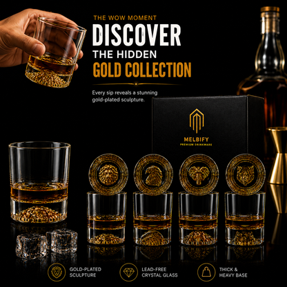 Melbify Gold Animal Combo Whiskey Glasses | Set of 4 | 300 ml | High Balled & Animal Embedded | Ideal for Serving Whiskey, Cognac, Vodka, Gin | Suitable for Home, Restaurants & Bars