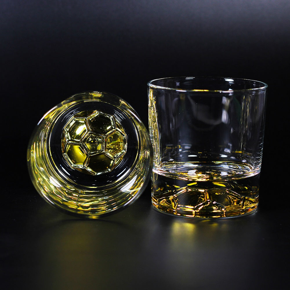 Melbify Football Whiskey Glass | 300 ml | Golden Plated Whiskey Glass| Premium | Unique| Big| Broad | Royal | High end| Expensive| Whiskey Glass Gift Set for Soccer Lovers