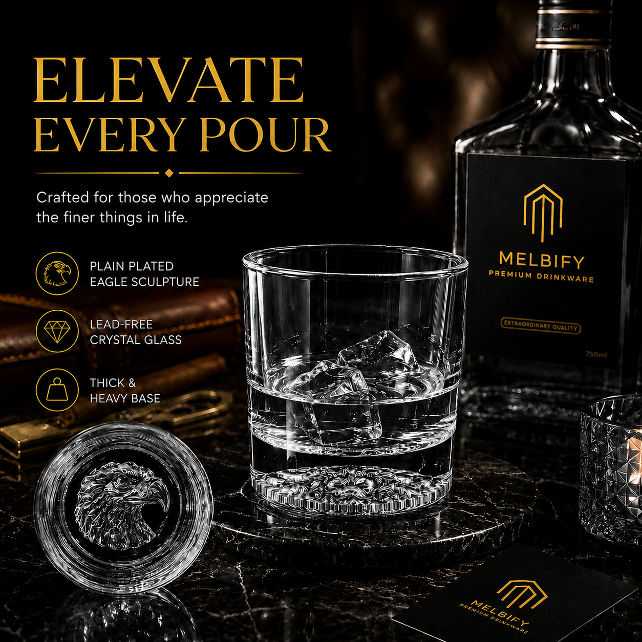 Melbify Plain Eagle Whiskey Glass |300 ml | Animal Whiskey Glass | Old Fashioned Whiskey Glass| Premium | Unique| Big| Broad | Round Whiskey Glass with Thick Bottom