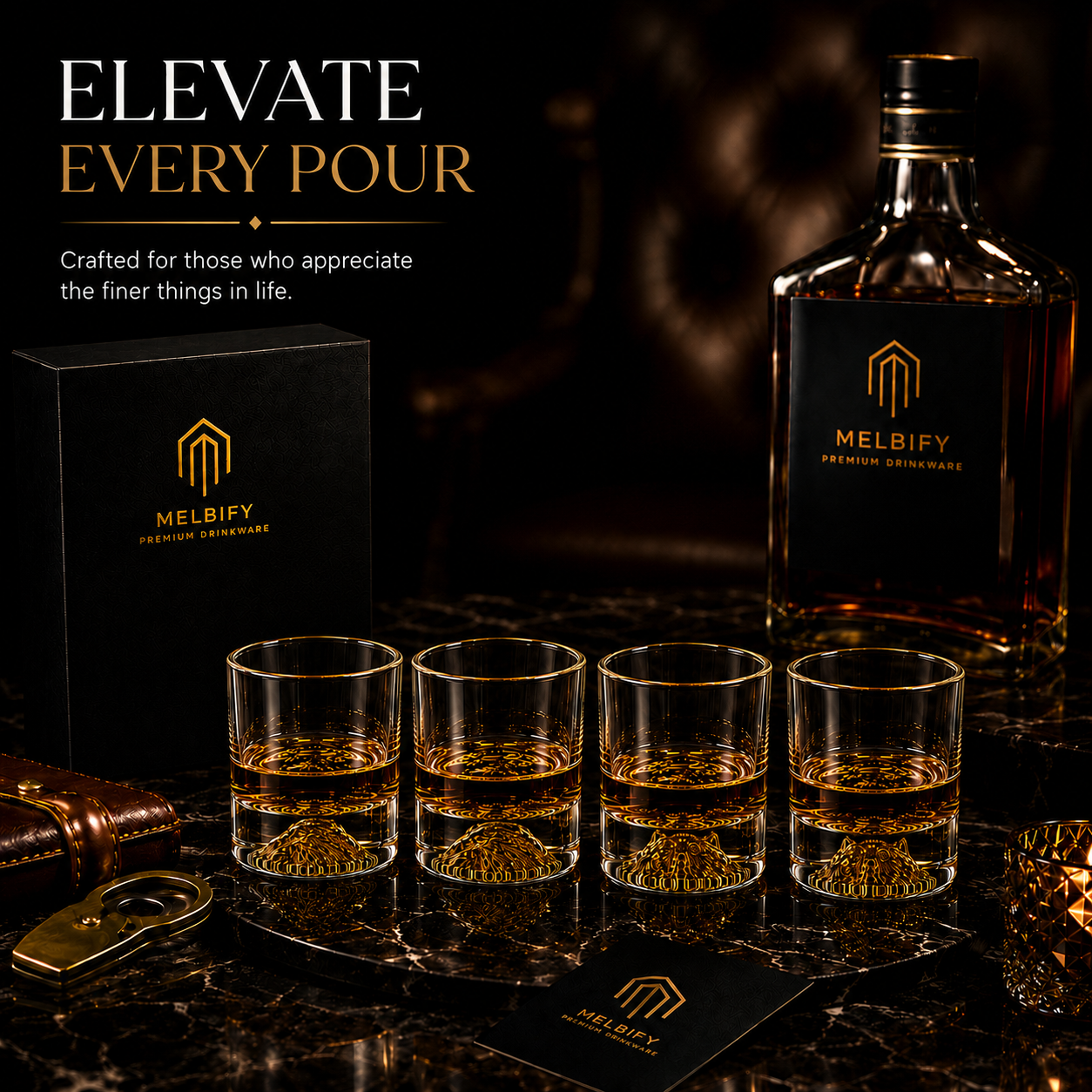 Melbify Gold Animal Combo Whiskey Glasses | Set of 4 | 300 ml | High Balled & Animal Embedded | Ideal for Serving Whiskey, Cognac, Vodka, Gin | Suitable for Home, Restaurants & Bars