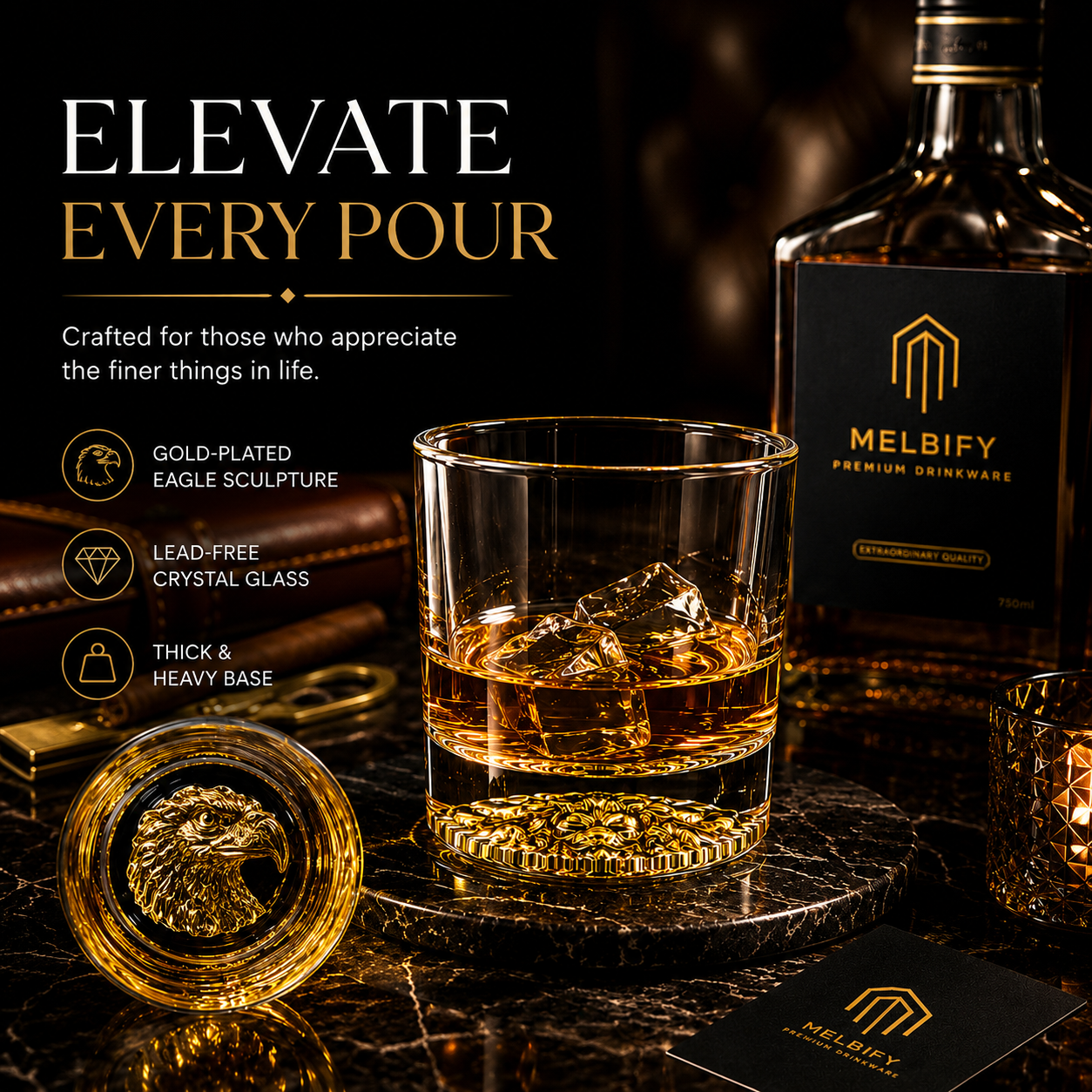 Melbify Eagle Whiskey Glass | 300 ml | Whiskey Glass Set | Golden Whiskey Glasses|Big| Unique| Broad |Thick| Premium | Thick Bottom | Premium | Speciality Whiskey Glass | Gold Plated