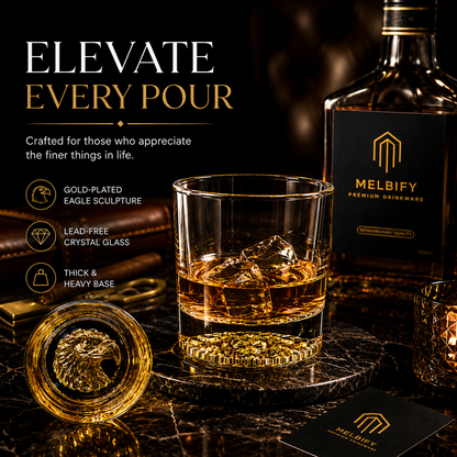Melbify Eagle Whiskey Glass | 300 ml | Whiskey Glass Set | Golden Whiskey Glasses|Big| Unique| Broad |Thick| Premium | Thick Bottom | Premium | Speciality Whiskey Glass | Gold Plated