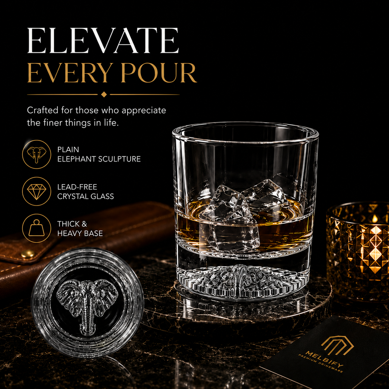 Melbify Plain Elephant Whiskey Glass | 300 ml | Premium | Unique| Big Size | Broad | Animal Whiskey Glass| Old Fashioned Whiskey Glass| High Ball Glass with Thick Bottom