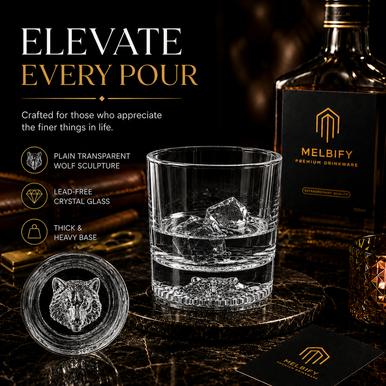 Melbify Plain Wolf Whiskey Glass | Animal Whiskey Glass | Premium | Unique | Big | Broad | Old Fashioned Whiskey Glass| Round Whiskey Glass with Thick Bottom | 300ml