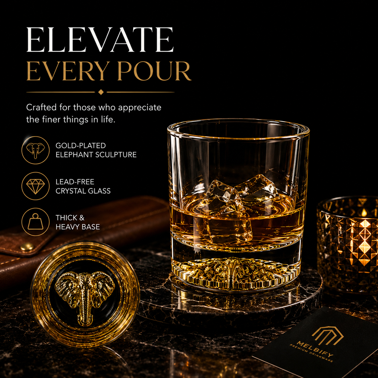 Melbify Elephant Whiskey Glass | 300 ml | Golden Whiskey Glasses|Big| Unique| Broad |Thick| Premium |Thick Bottom | Premium | Speciality Whiskey Glass | Gold Plated