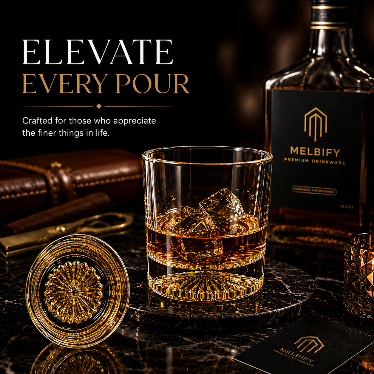 Melbify Italian Petal Whiskey Glasses | Artistic | Elegant | Premium | Royal | Luxurious Designer Whiskey Glasses | High end Expensive Whiskey Glasses with Gold Plated Bottom | 300 ml