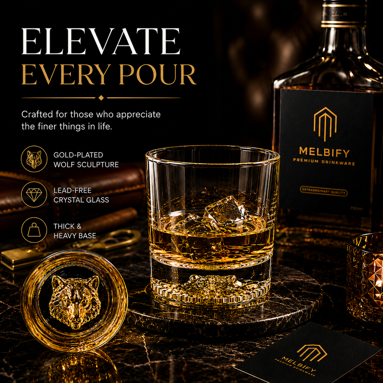 Melbify Wolf Whiskey Glass | 300 ml | Animal Whiskey Glass | Golden Whiskey Glass | Premium | Unique| Big| Broad | Round Whiskey Glass with Thick Bottom