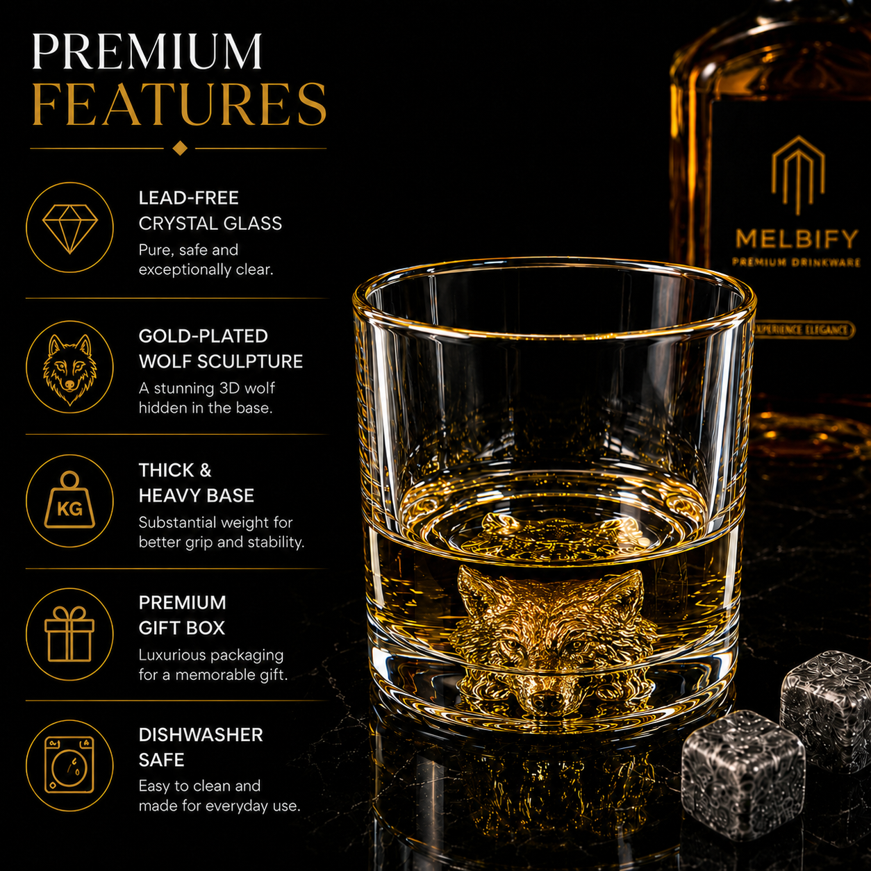 Melbify Wolf Whiskey Glass | 300 ml | Animal Whiskey Glass | Golden Whiskey Glass | Premium | Unique| Big| Broad | Round Whiskey Glass with Thick Bottom