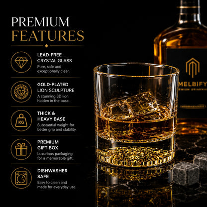 Melbify Gold Animal Combo Whiskey Glasses | Set of 4 | 300 ml | High Balled & Animal Embedded | Ideal for Serving Whiskey, Cognac, Vodka, Gin | Suitable for Home, Restaurants & Bars