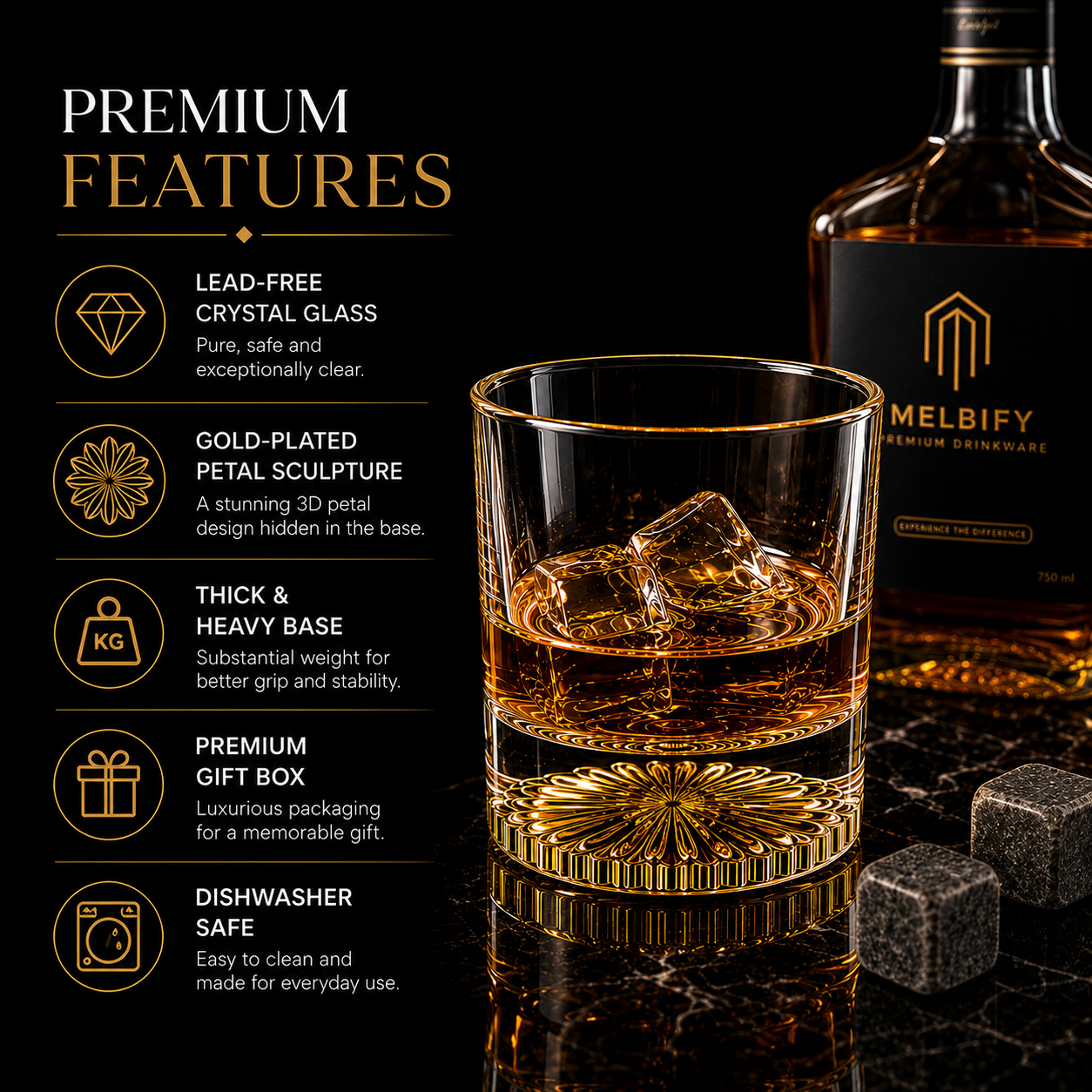 Melbify Italian Petal Whiskey Glasses | Artistic | Elegant | Premium | Royal | Luxurious Designer Whiskey Glasses | High end Expensive Whiskey Glasses with Gold Plated Bottom | 300 ml